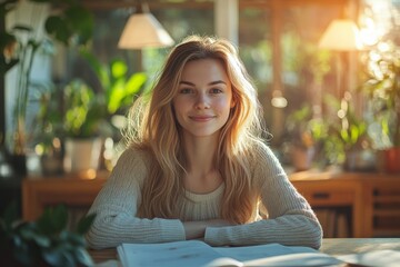 Wall Mural - Young woman with long hair smiling at a table surrounded by plants in bright indoor setting