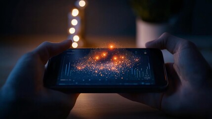 Fototapete - NFT Marketplace Glow Smartphone in Dimly Lit Room with Warm Lamp - Blockchain Art Interface for Digital Collectibles and Online Privacy in Tech-Driven Commerce