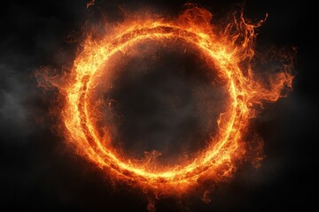 Wall Mural - Fiery circular formation with glowing flames against a dark background creating an intense visual effect