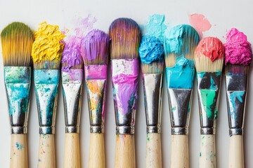 Poster - Vibrant paint brushes lined up with colorful paint ready for artistic expression