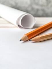 Poster - Minimalist Architectural Blueprint Display Rolled Plans with Pencils on Paper - Modern Design Content for Creative Industries and Efficient Urban Planning Solutions