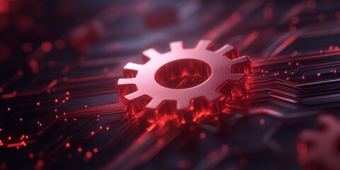 Leinwandbilder - Futuristic Digital Network Interface Red Gear on Circuit Board for Software Development and AI Innovation - Enhanced Visualization for Tech Marketing