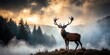 © Watcharapon - Red deer stag standing alone in a dense forest with fog rolling in from the valley below, its majestic antlers silhouetted against the darkening sky, wildlife reserve, nature