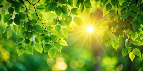 Wall Mural - Soft light filtering through lush green leaves of a tree, sunrise, beautiful summer morning,  sunrise