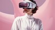 © Nataliia - Women wearing VR goggles posing finger pointing and touching on the air connecting to internet metaverse system with holographic screen. Digital technology of the future. Virtual reality concept