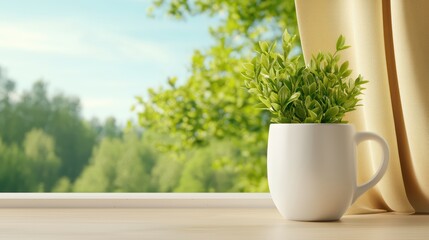 Wall Mural - Green Plant in White Mug on Sunny Windowsill with Nature Background