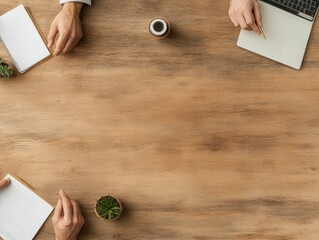 Fototapete - Minimalist Office Table Collaboration Wood Grain Texture with Notebooks and Laptop - Innovative Business Content for Modern Corporate Strategy and Team Dynamics