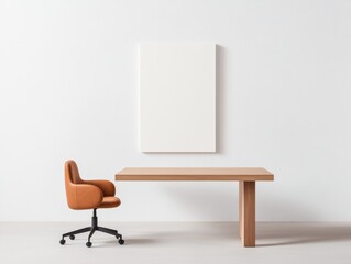 Poster - Minimalist Office Design Wooden Desk and Leather Chair with Neutral Tones - Modern Workspace for Business Efficiency and Professional Interior Styling