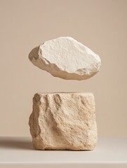 Poster - Minimalist Stone Display Contemporary Floating Rock Sculpture for Art Galleries and Interior Design - Cultural Aesthetics and Modern Space Resonance