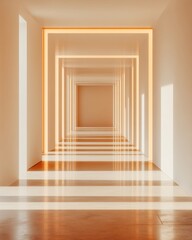 Fototapete - Luminous Minimalism Illuminated Glass Corridor in Modern Office Design - Enhancing Corporate Ambiance with Sleek Architecture and Natural Light for Professional Workspaces