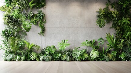 Canvas Print - Lush green plants on a grey concrete wall, wooden floor.