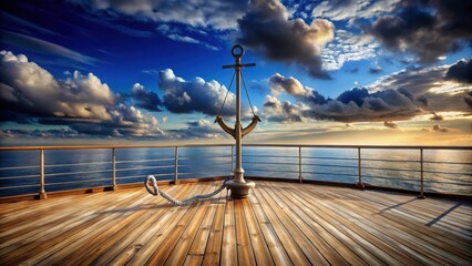 Wall Mural - Sparsely furnished wooden deck with a large anchor and ropes hanging from the ship's railings against a dark blue sky with a few wispy clouds, ocean background, nautical