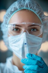 Poster - High-Tech Healthcare Imagery Female Scientist in PPE Holding Syringe - Cutting-Edge Medical Research Content and Innovative Laboratory Marketing