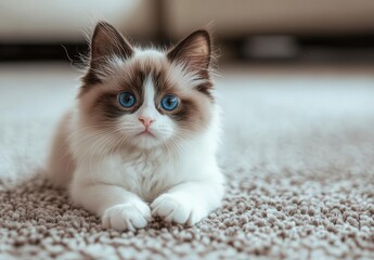 adorable fluffy kitten with striking blue eyes resting on a cozy carpet, exuding innocence and playf