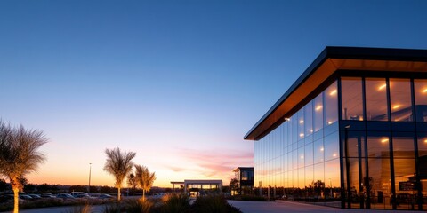 Fototapete - Contemporary Glass Architecture Sleek Commercial Building at Dusk with Illuminated Landscape - Modern Business Hub and Innovation Space for Corporate Growth