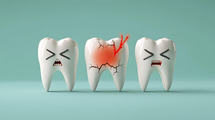 cartoon teeth trio with cracks in dental care setting digital art playful environment front view fun