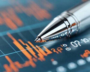Leinwandbilder - Reflective Silver Pen on Financial Report Modern Business Aesthetic for Corporate Analysis and Digital Marketing in Stock Market Dynamics