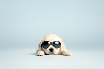 Puppy wearing cool sunglasses on blue background