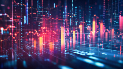 Wall Mural - abstract financial background with glowing stock charts and bar graphs