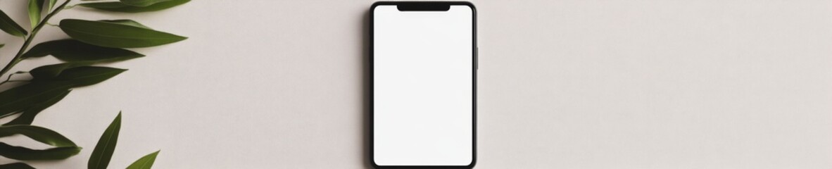 Leinwandbilder - Minimalist Smartphone Mockup on White Surface with Greenery Sleek Digital Interface Design for Tech Marketing, Enhancing Modern Mobile Communication and User Experience