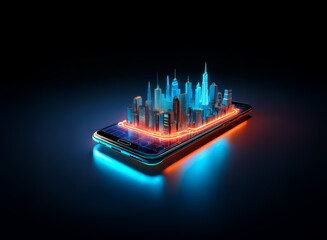 Poster - A futuristic cityscape, rendered in vibrant neon blue and orange, sits atop a smartphone, illustrating the concept of mobile technology and urban development.