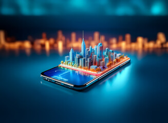 Poster - A miniature, vibrant city skyline sits atop a sleek smartphone, reflecting the futuristic glow of its surroundings.  The image suggests the concept of mobile urban planning or a smart city.