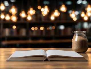 Poster - Scandinavian Reading Nook Open Book on Rustic Wood with Soft Glow Lighting - Cozy Interior Branding and Modern Library Ambiance for Content Creators