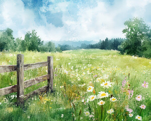 Wall Mural - A painting of a field with a wooden fence and a fence gate