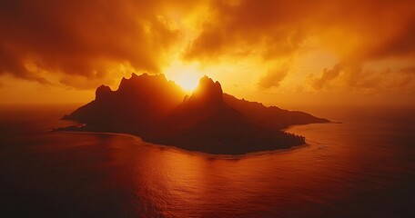 Wall Mural - Fiery Sunset Over Dramatic Island Mountainscape