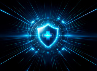 Aufkleber - A glowing blue shield with a cross, encircled by a futuristic, technological design, radiates light against a dark background, symbolizing digital health protection.