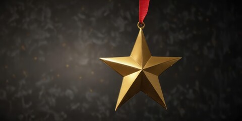 shining gold star ornament hanging in darkness, elegant, night sky, twinkling