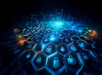Aufkleber - Abstract digital artwork depicts a futuristic honeycomb structure with glowing padlock icons, symbolizing cybersecurity and data protection.  The scene is dark, emphasizing the protective nature of th