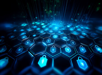 Poster - Abstract digital security concept.  Glowing blue padlock icons arranged in a hexagonal grid, representing data protection and network security.  Cybersecurity, data encryption, and digital safety are 