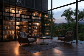 Poster - Contemporary Library Lounge Sleek Glass-Facade with Leather Armchairs and Tall Shelving Premium Interior Design for Intellectual Retreat and Professional Environments