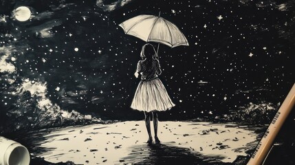 Girl under starry night sky with umbrella, artistic drawing, creative illustration