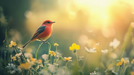 a small red bird is perched on a flower in a field. the bird is surrounded by yellow flowers, creati