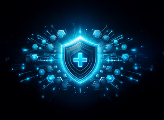 Fototapete - A glowing blue shield with a plus sign at its center, surrounded by a burst of digital energy and hexagonal shapes, symbolizes digital health protection.
