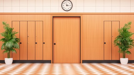 Wall Mural - Modern Office Interior with Clock and Green Plants in Hallway