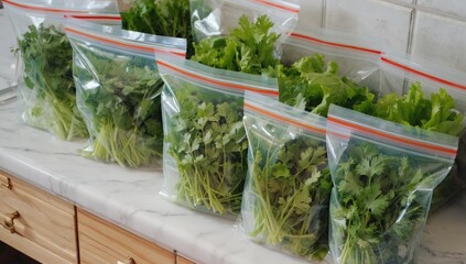 Wall Mural - Fresh herbs in ziplock bags on kitchen counter.  Food storage, home cooking prep