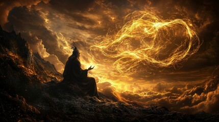 Leinwandbilder - Celestial sage channels qi into golden sky mystic landscape digital art surreal environment dramatic viewpoint