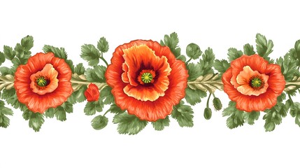 Canvas Print - Seamless Border Design with Vibrant Red Poppies and Green Leaves