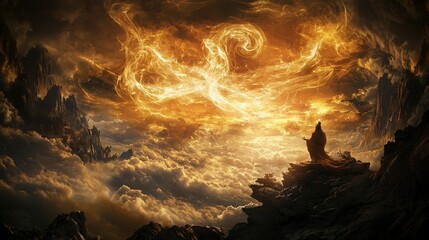Aufkleber - Celestial sage channels qi into golden sky mystical landscapes digital art dreamlike environment dramatic viewpoint
