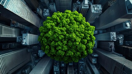 Poster - Lush Green Tree Surrounded by Tall Urban Skyscrapers in Cityscape