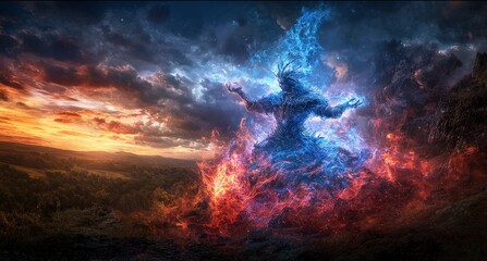Poster - Celestial warrior battles dark forces at dusk digital art fantasy landscape dramatic viewpoint epic concept
