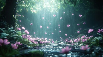 Sticker - Enchanted forest stream, pink flowers, rain, sunbeams, fantasy