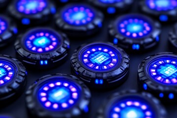 Aufkleber - Unique design of circular devices illuminated by blue light arranged in a pattern on a dark surface