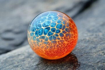 Wall Mural - Colorful glass sphere with intricate patterns resting on a textured rock surface in natural light