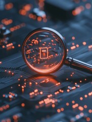 Poster - Futuristic Cybersecurity Visualization Digital Circuit Board with Padlock and Magnifying Glass - High-Tech Network Protection and Innovative IT Solutions