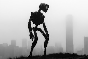 Poster - Robot figure stands alone against a foggy city skyline at dusk showcasing a blend of technology and urban atmosphere