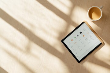 Aufkleber - Minimalist Smart Living Display Wooden Tabletop with Tablet Interface and Coffee - IoT Solutions for Sustainable Home Management and Digital Workplace Efficiency